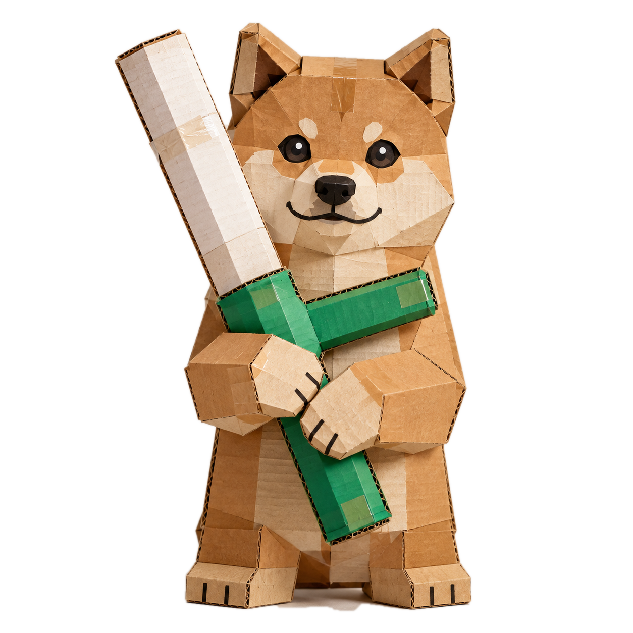 Carton, a dog made from cardboard, holding a cardboard launcher